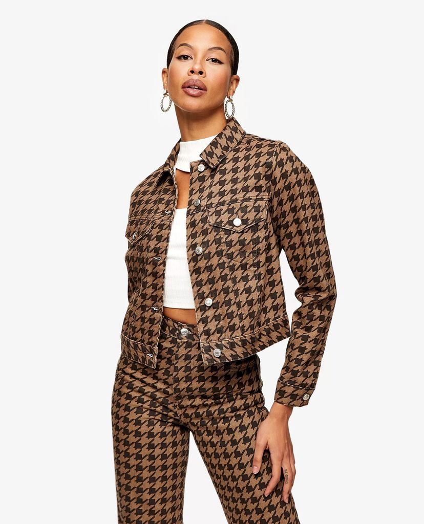 TOPSHOP - Áo khoác kiểu nữ phom ngắn Brown Houndstooth Print Denim Fitted