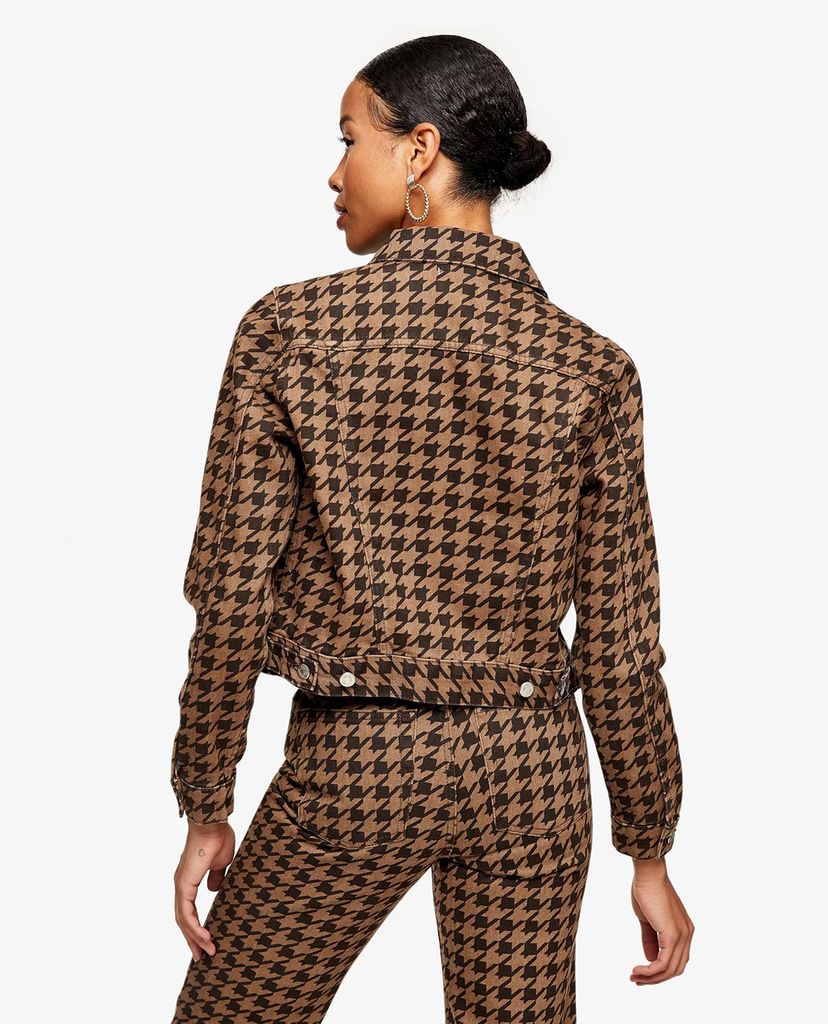 TOPSHOP - Áo khoác kiểu nữ phom ngắn Brown Houndstooth Print Denim Fitted