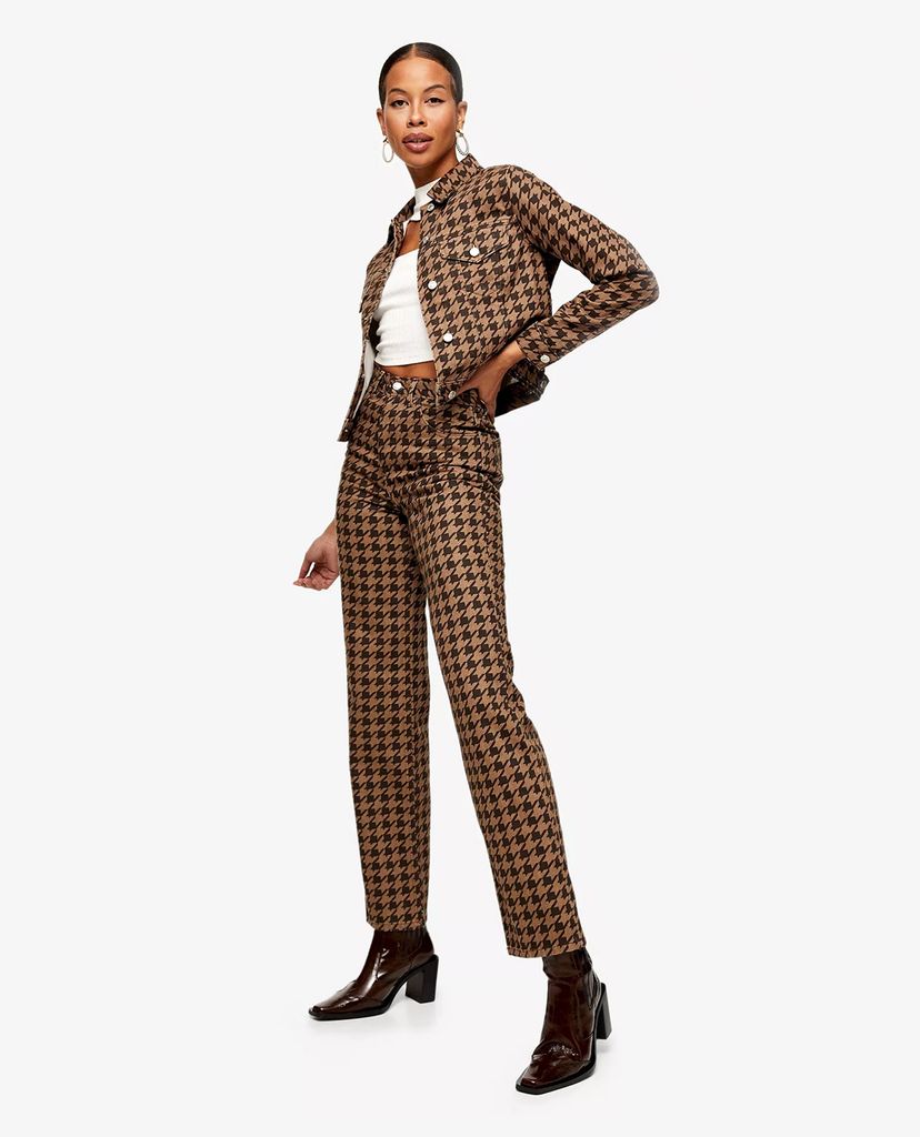 TOPSHOP - Áo khoác kiểu nữ phom ngắn Brown Houndstooth Print Denim Fitted