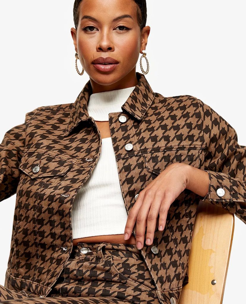 TOPSHOP - Áo khoác kiểu nữ phom ngắn Brown Houndstooth Print Denim Fitted