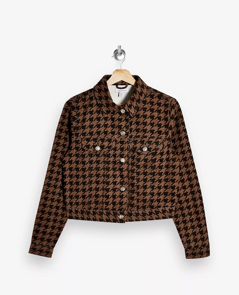 TOPSHOP - Áo khoác kiểu nữ phom ngắn Brown Houndstooth Print Denim Fitted
