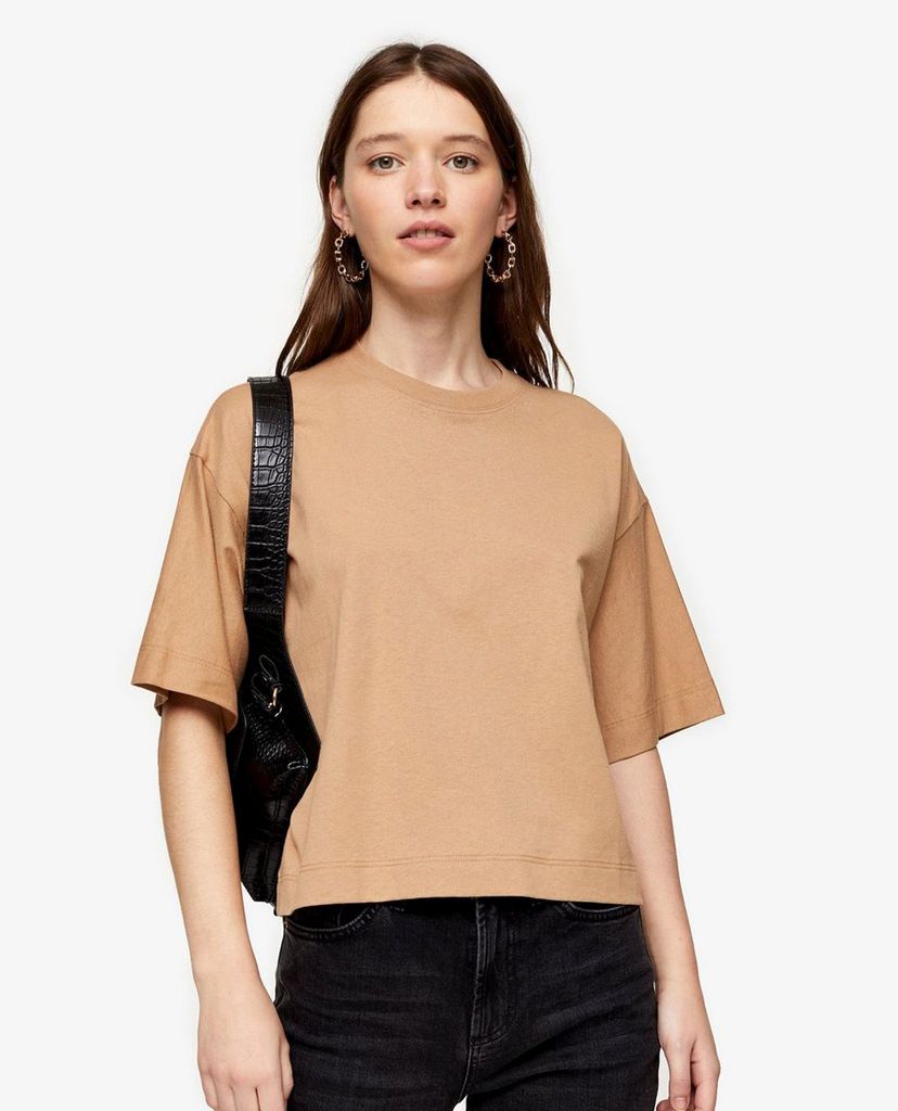 TOPSHOP - Áo thun nữ cổ tròn tay lỡ Mocha Brown Panel Boxy