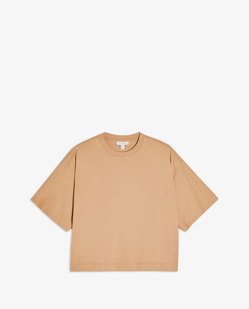 TOPSHOP - Áo thun nữ cổ tròn tay lỡ Mocha Brown Panel Boxy