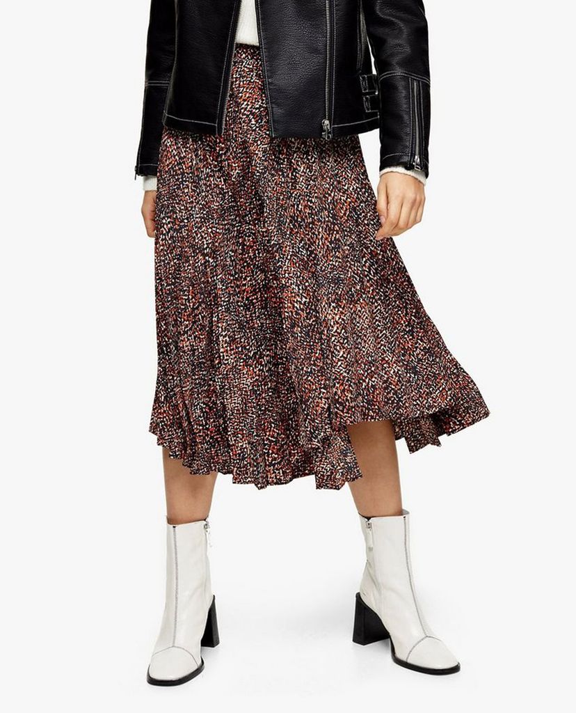TOPSHOP - Chân váy midi PETITE Brown Animal Textured Pleated