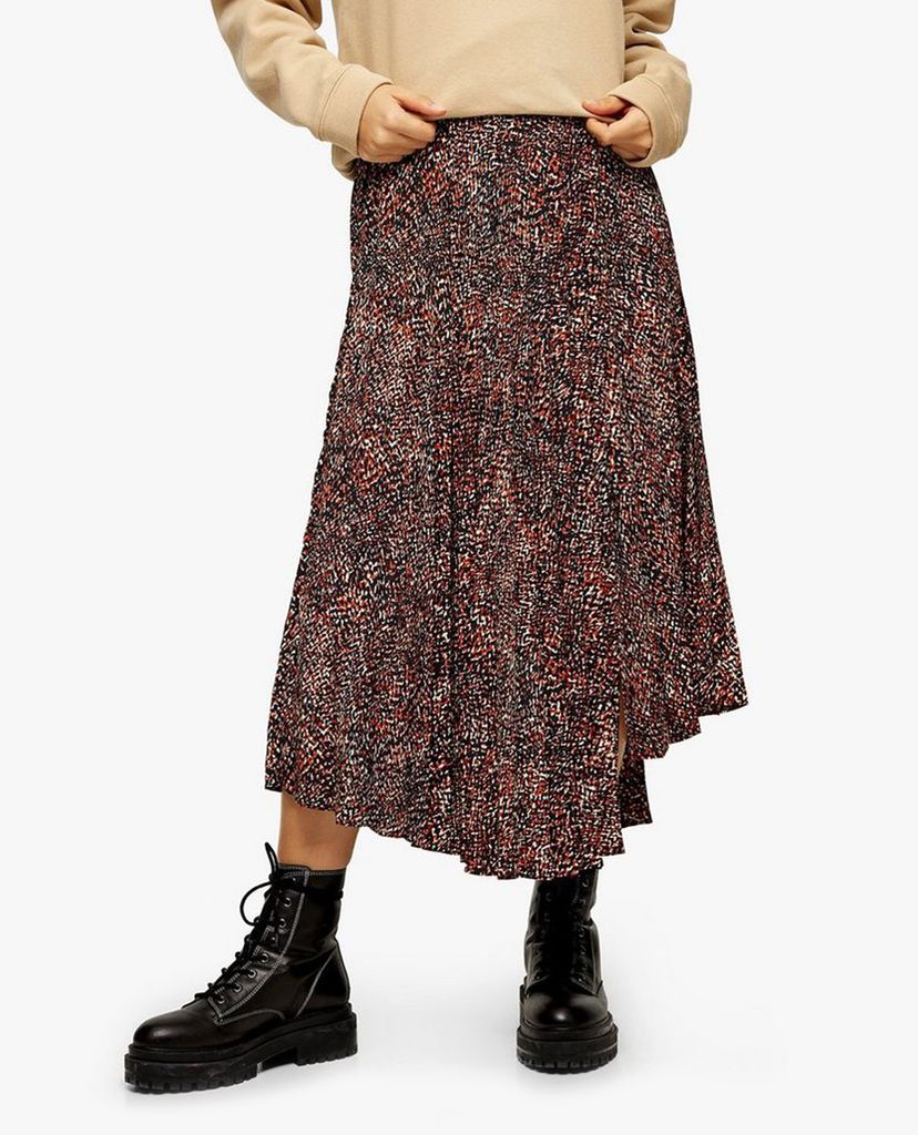 TOPSHOP - Chân váy midi Brown Animal Textured Pleated