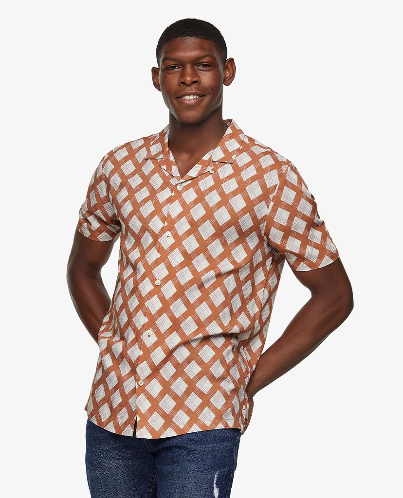 TOPMAN - Áo sơ mi nam ngắn tay Brown Geometric Print Slim