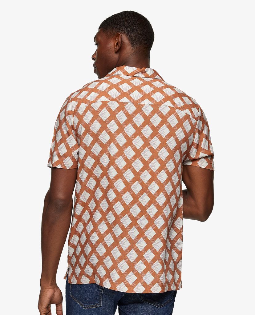 TOPMAN - Áo sơ mi nam ngắn tay Brown Geometric Print Slim