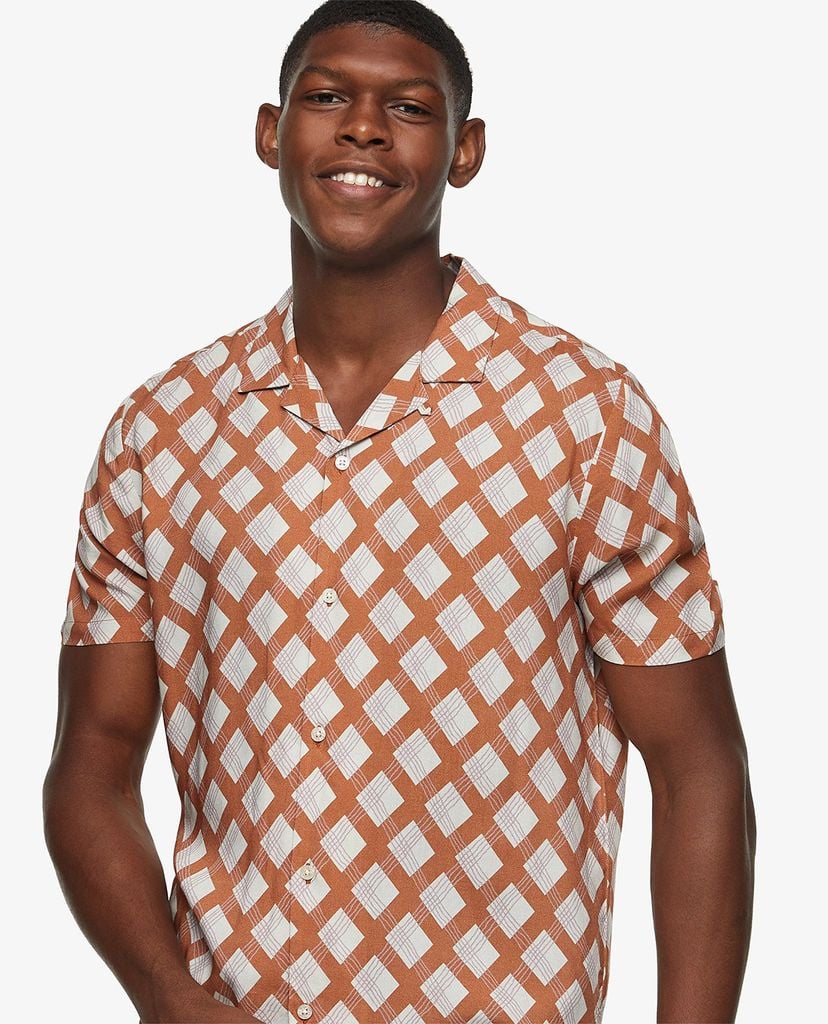 TOPMAN - Áo sơ mi nam ngắn tay Brown Geometric Print Slim