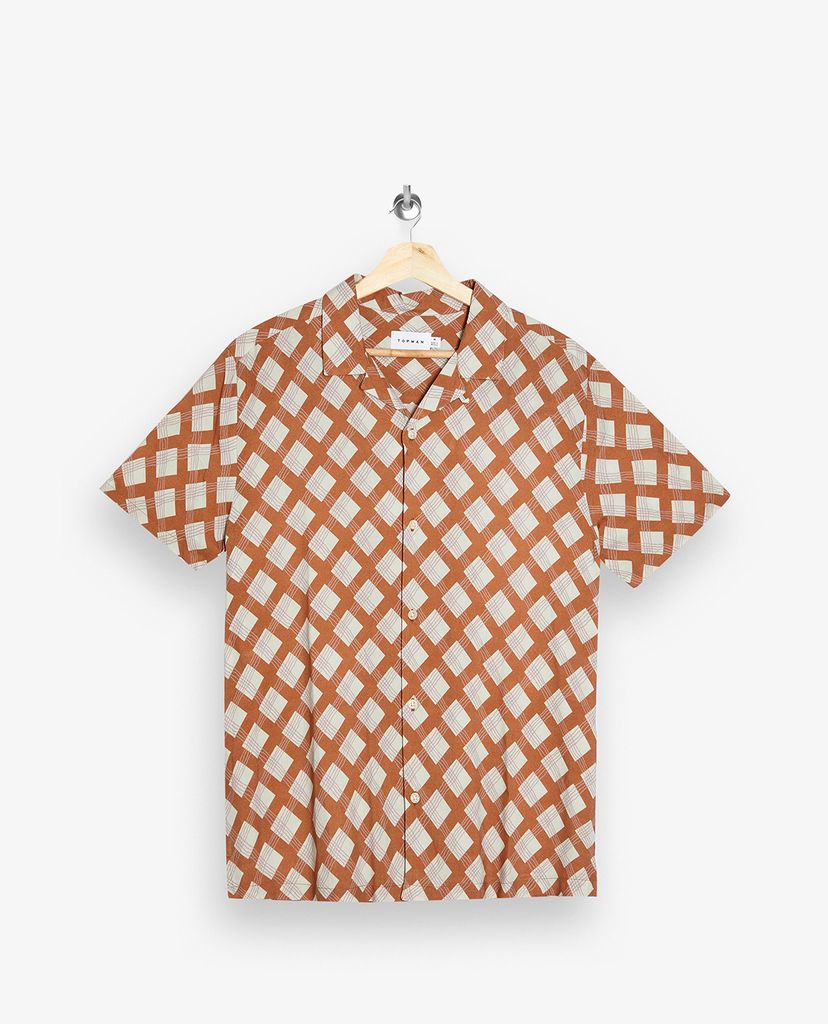 TOPMAN - Áo sơ mi nam ngắn tay Brown Geometric Print Slim