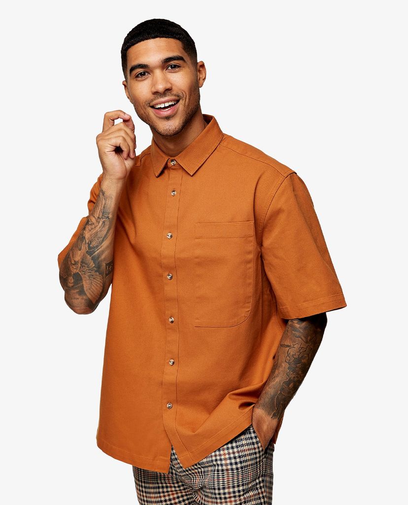 TOPMAN - Áo sơ mi nam ngắn tay Brown Boxy Twill Boxy