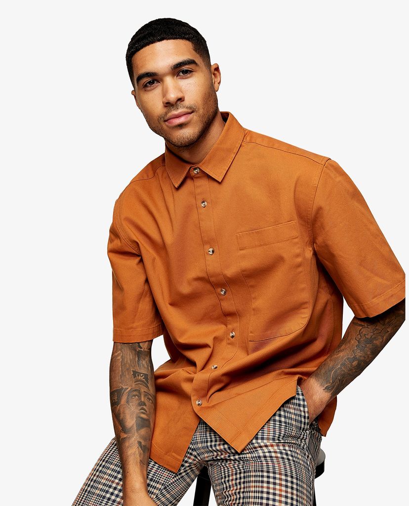 TOPMAN - Áo sơ mi nam ngắn tay Brown Boxy Twill Boxy