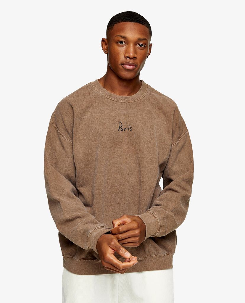 TOPMAN - Áo sweatshirt nam cổ tròn tay dài Brown Paris