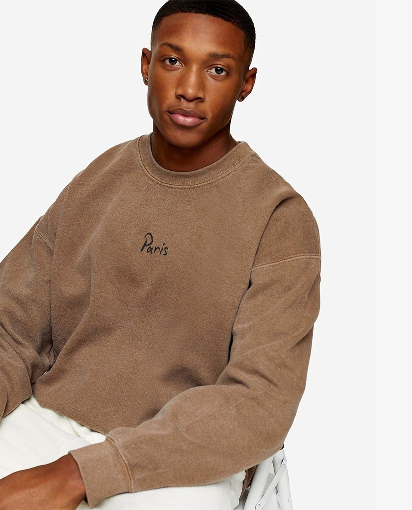 TOPMAN - Áo sweatshirt nam cổ tròn tay dài Brown Paris