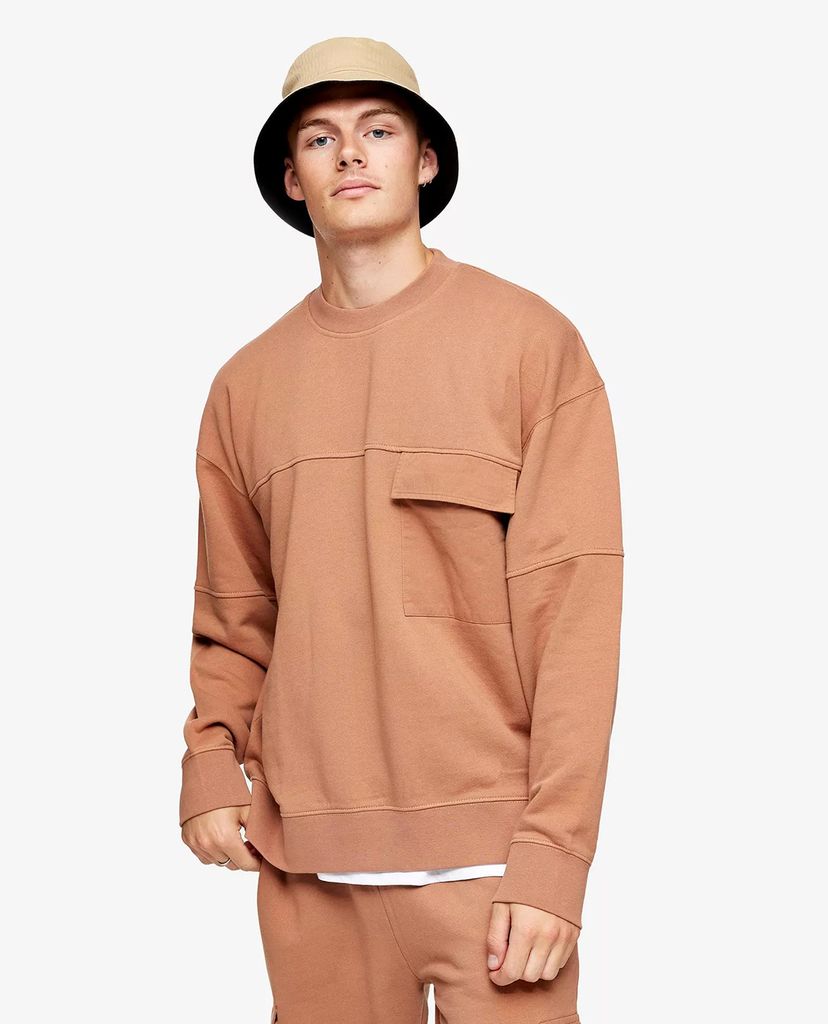 TOPMAN - Áo sweatshirt cổ tròn dài tay Brown Twill Cargo Crew