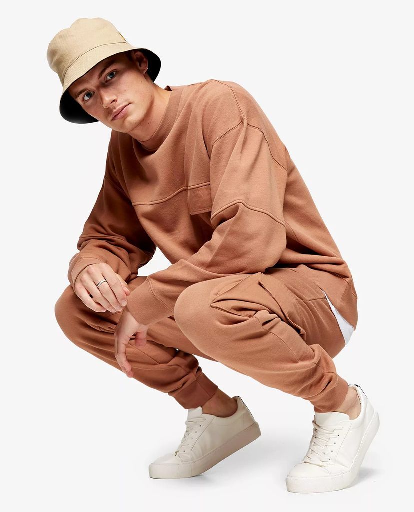 TOPMAN - Áo sweatshirt cổ tròn dài tay Brown Twill Cargo Crew