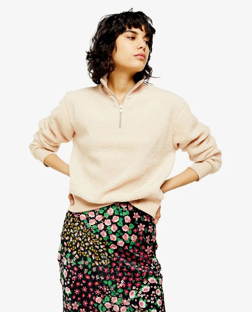 TOPSHOP - Áo sweatshirt nữ tay dài Stone Borg Zip Funnel