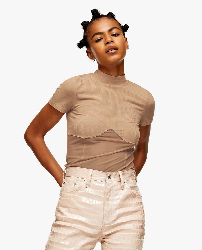 TOPSHOP - Áo kiểu nữ cổ cao tay ngắn Sand Mesh Panel Funnel