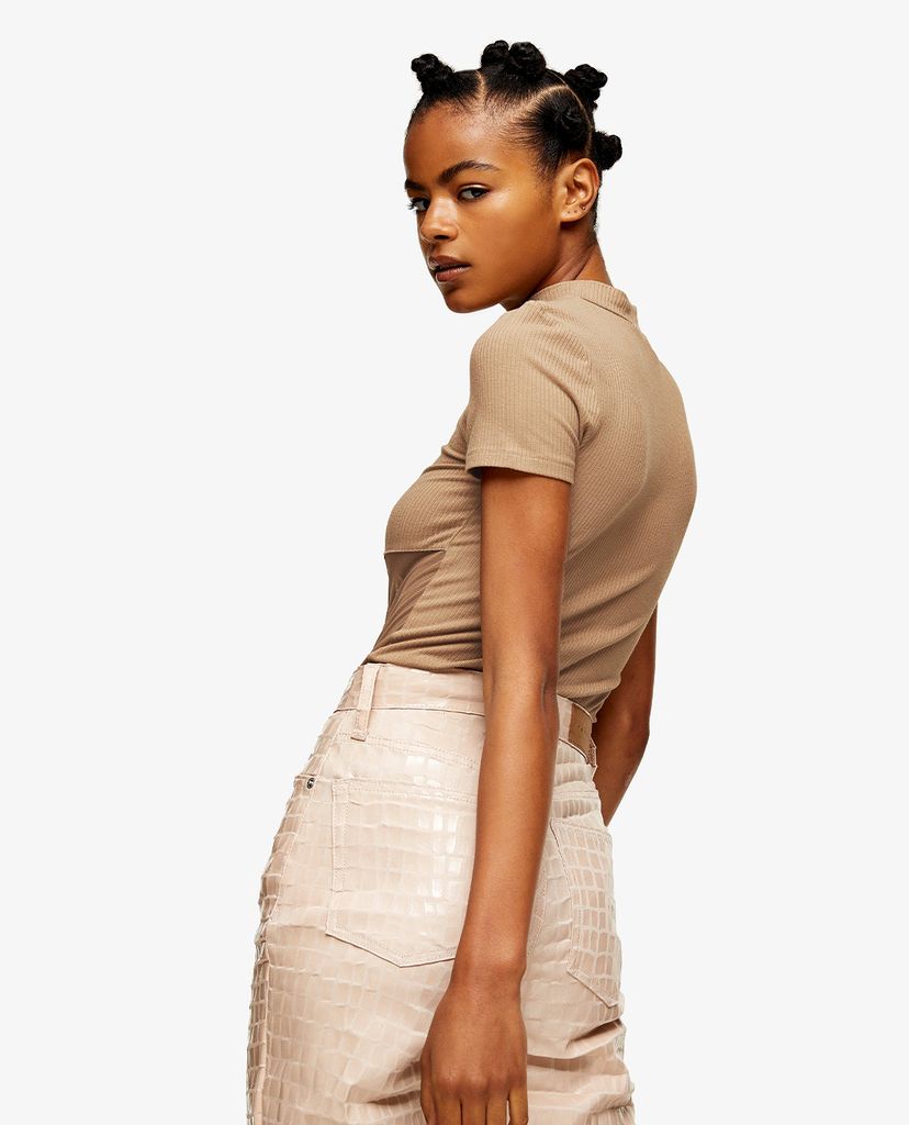 TOPSHOP - Áo kiểu nữ cổ cao tay ngắn Sand Mesh Panel Funnel