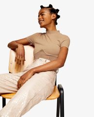 TOPSHOP - Áo kiểu nữ cổ cao tay ngắn Sand Mesh Panel Funnel