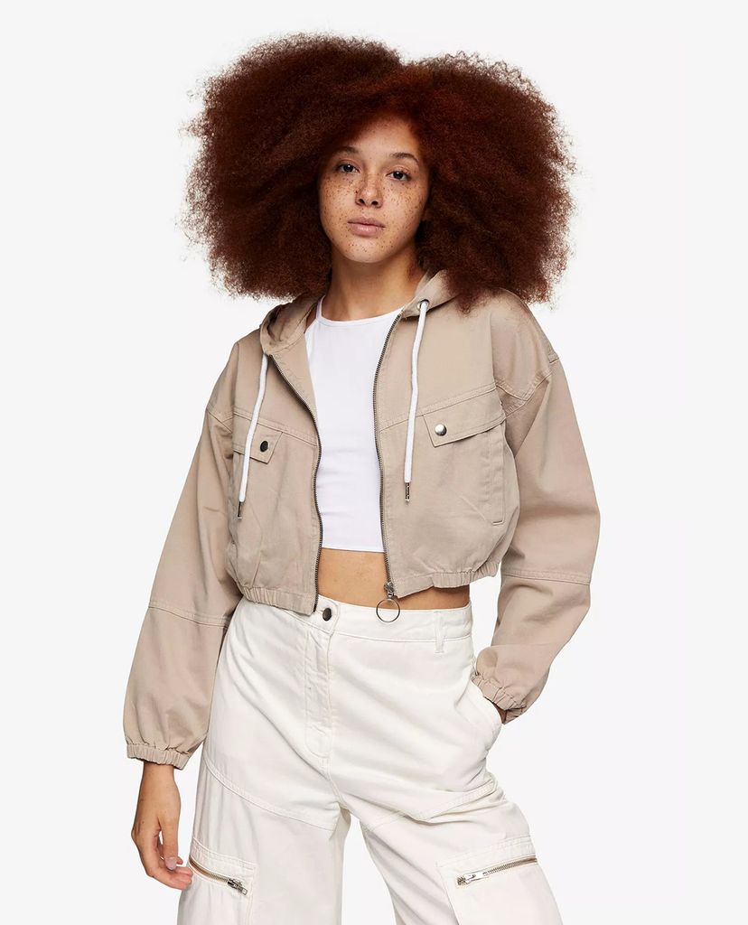 TOPSHOP - Áo hoodie nữ phối zip phom croptop thời trang Sand
