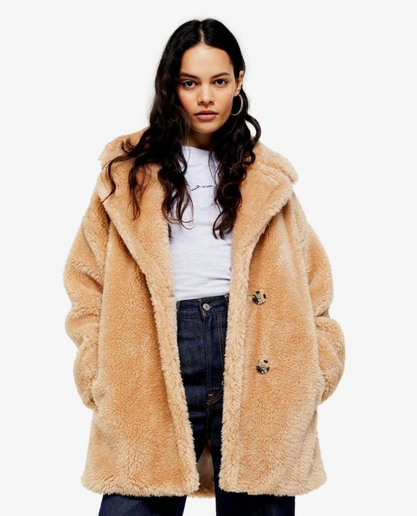 TOPSHOP - Áo khoác lông nữ cổ bẻ tay dài Camel Soft Borg
