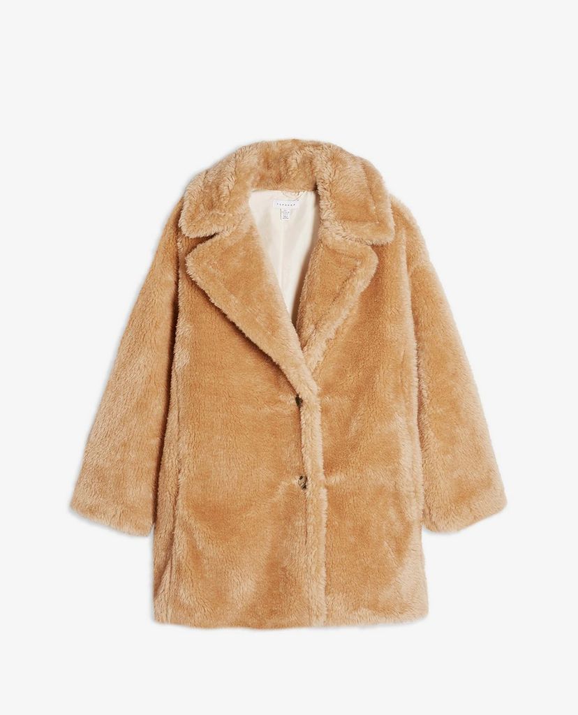 TOPSHOP - Áo khoác lông nữ cổ bẻ tay dài Camel Soft Borg