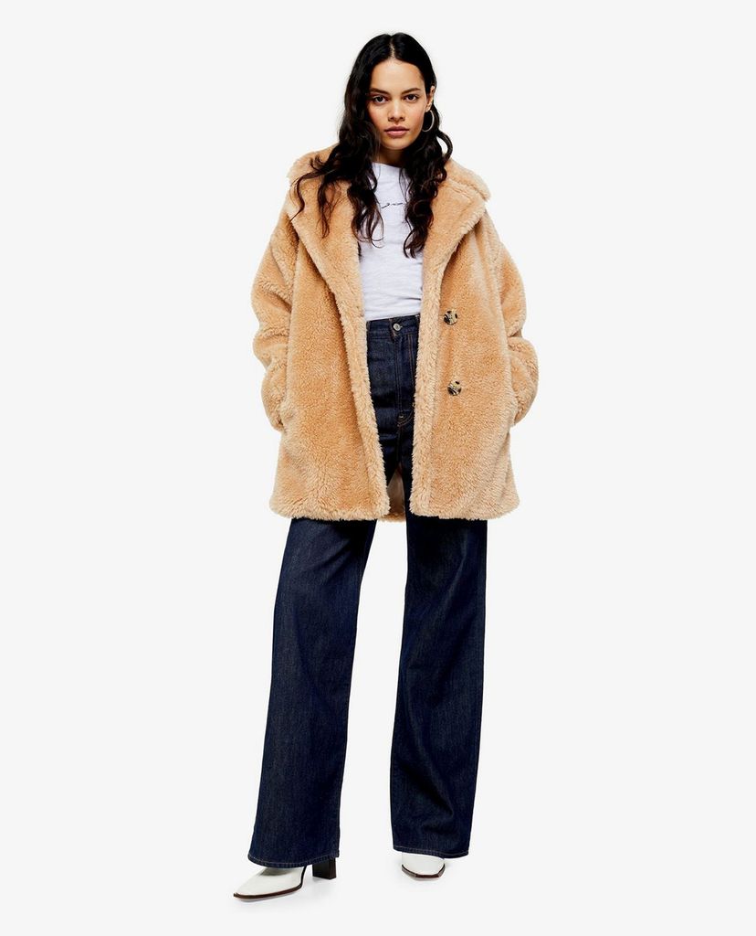 TOPSHOP - Áo khoác lông nữ cổ bẻ tay dài Camel Soft Borg