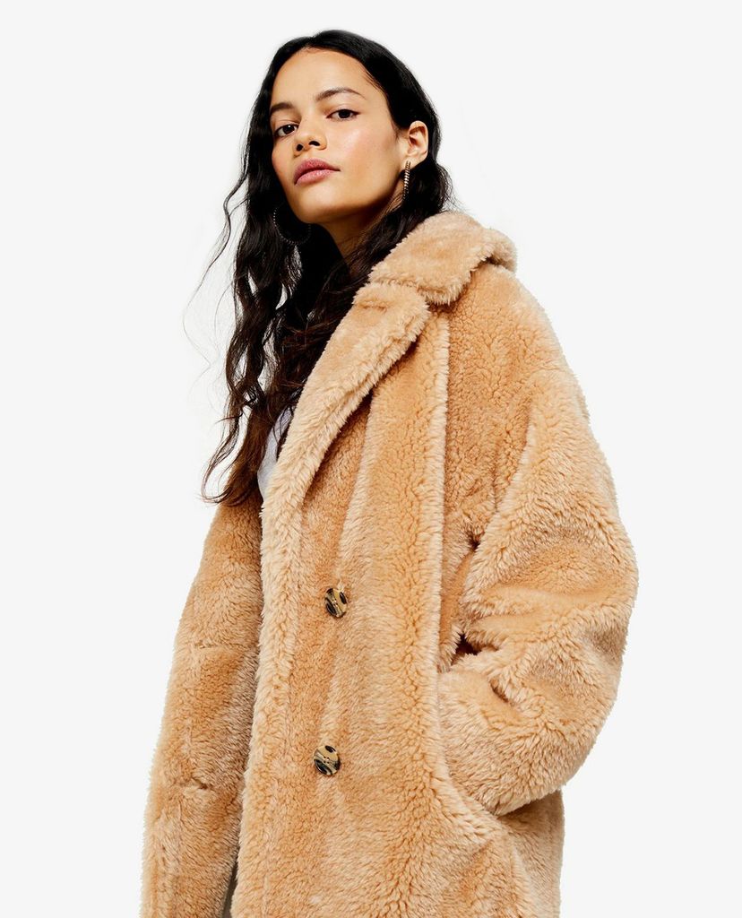 TOPSHOP - Áo khoác lông nữ cổ bẻ tay dài Camel Soft Borg