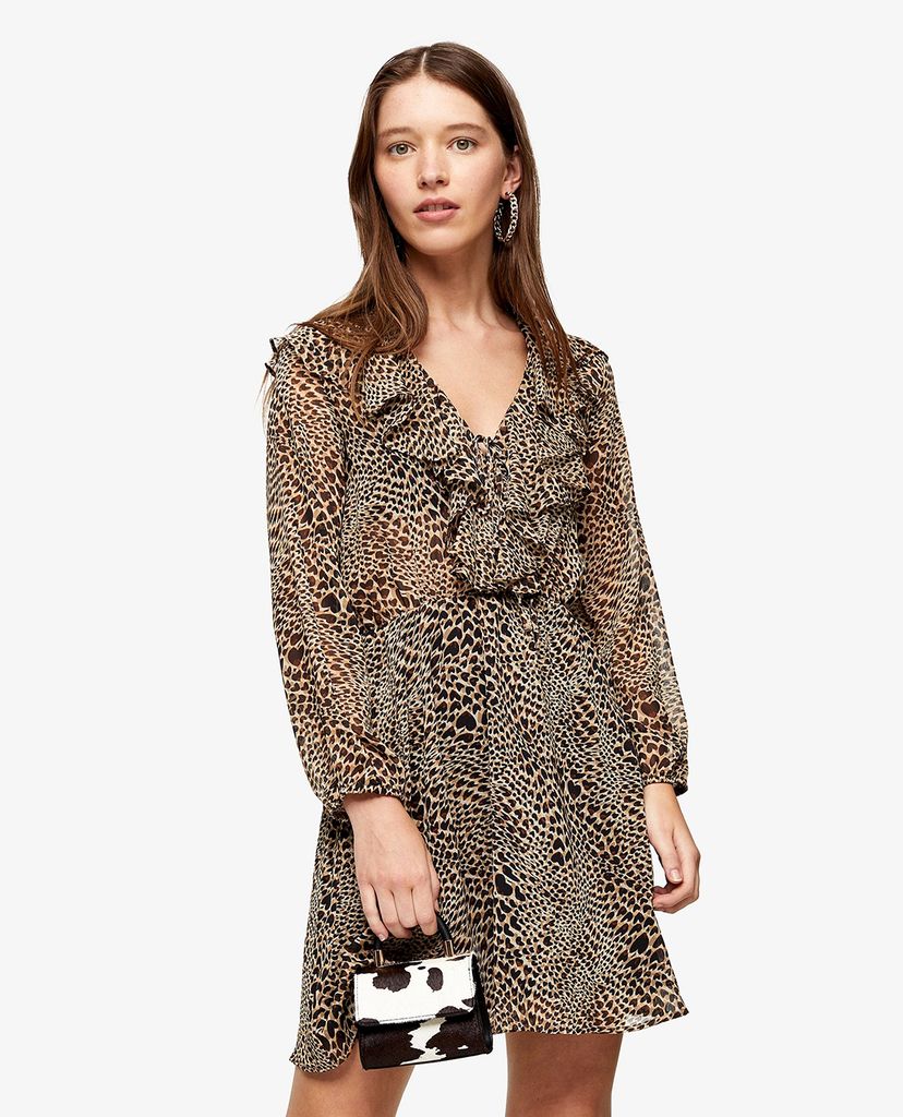 TOPSHOP - Đầm mini tay dài phối bèo Pink Heart Animal Print