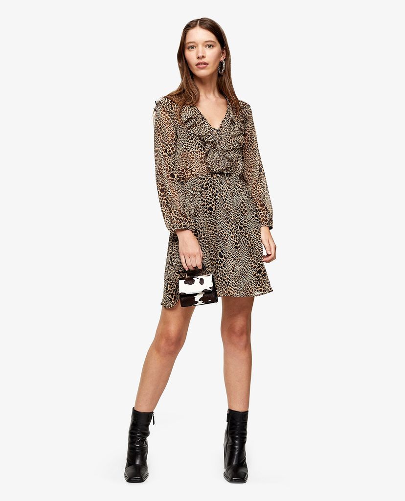 TOPSHOP - Đầm mini tay dài phối bèo Pink Heart Animal Print