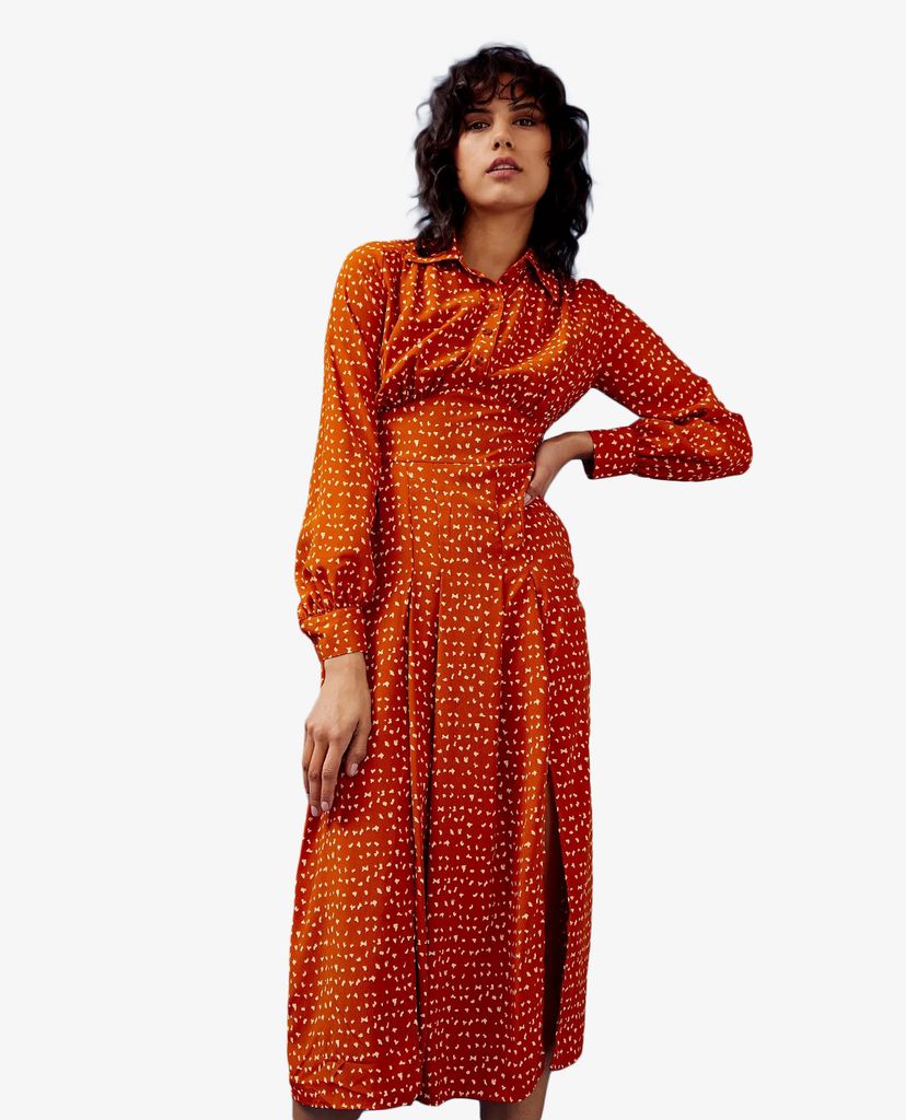 TOPSHOP - Đầm midi tay dài cổ bẻ Rust Split Spot