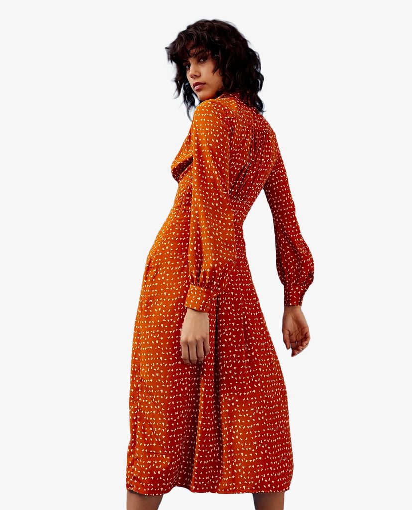 TOPSHOP - Đầm midi tay dài cổ bẻ Rust Split Spot