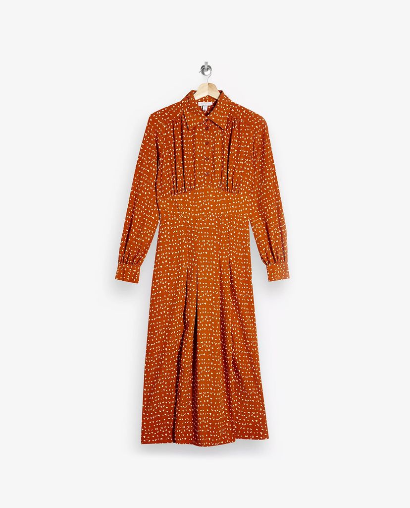 TOPSHOP - Đầm midi tay dài cổ bẻ Rust Split Spot