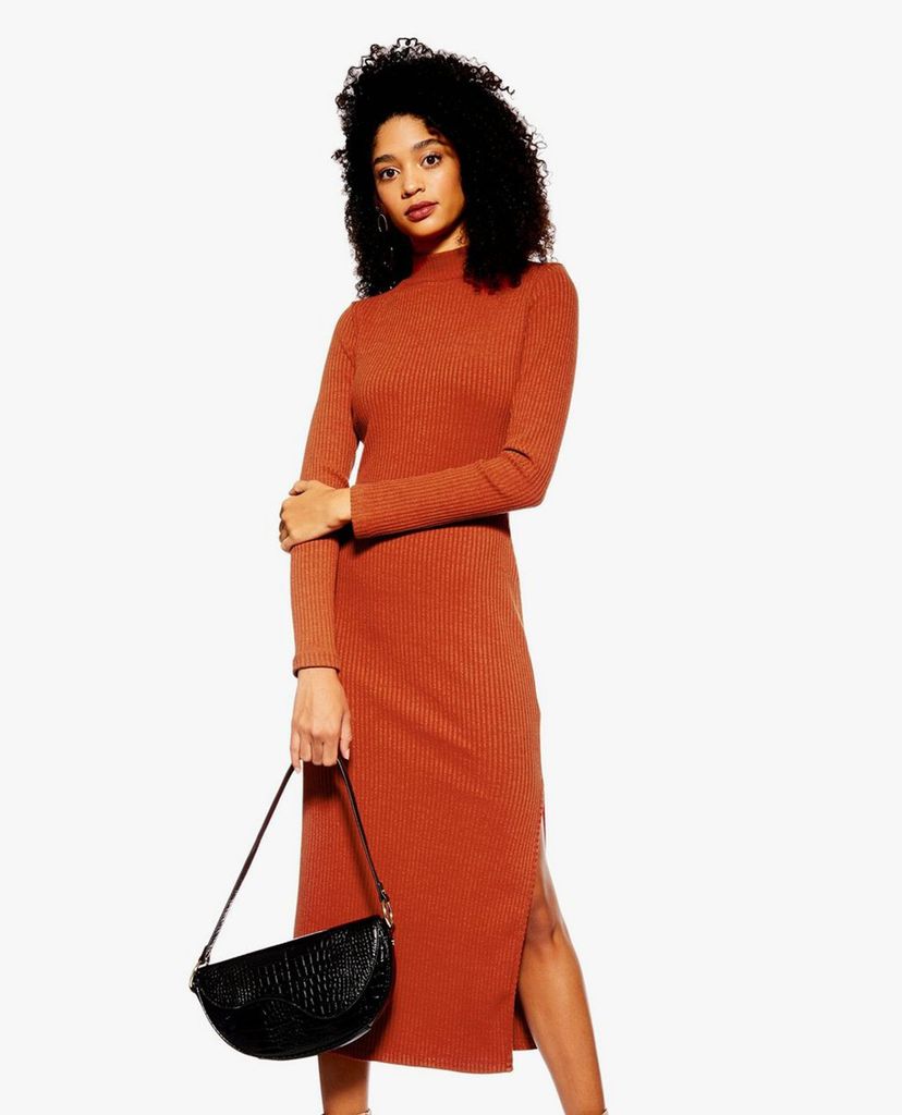 TOPSHOP - Đầm midi cổ tròn tay dài Ribbed Funnel