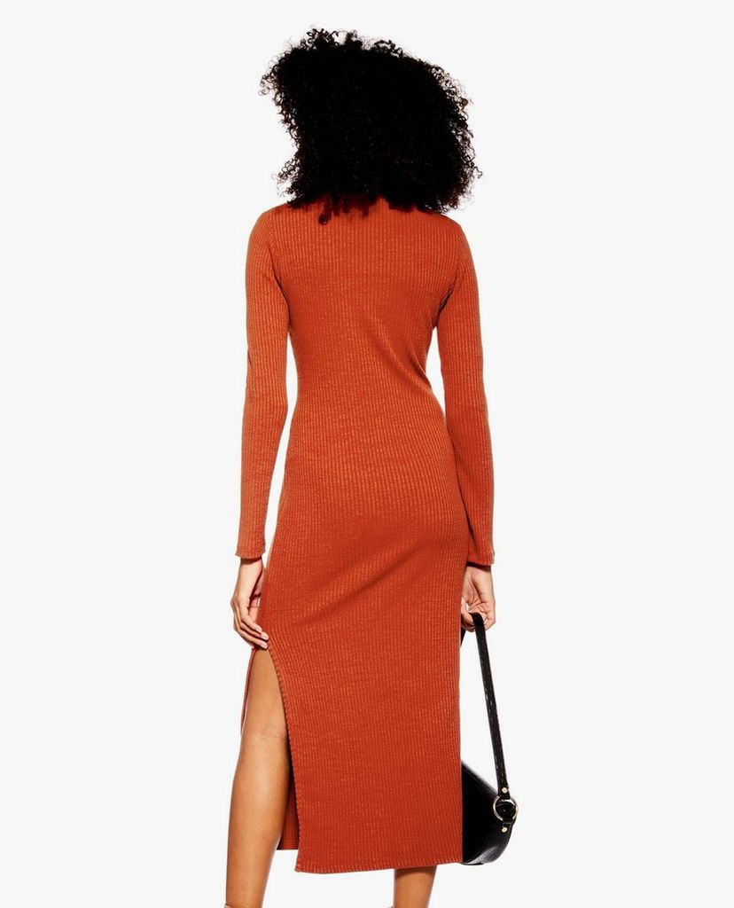 TOPSHOP - Đầm midi cổ tròn tay dài Ribbed Funnel