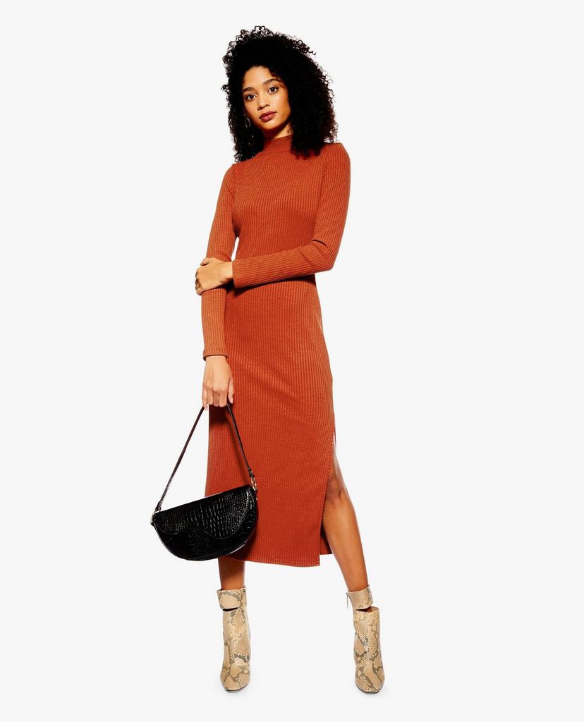 TOPSHOP - Đầm midi cổ tròn tay dài Ribbed Funnel