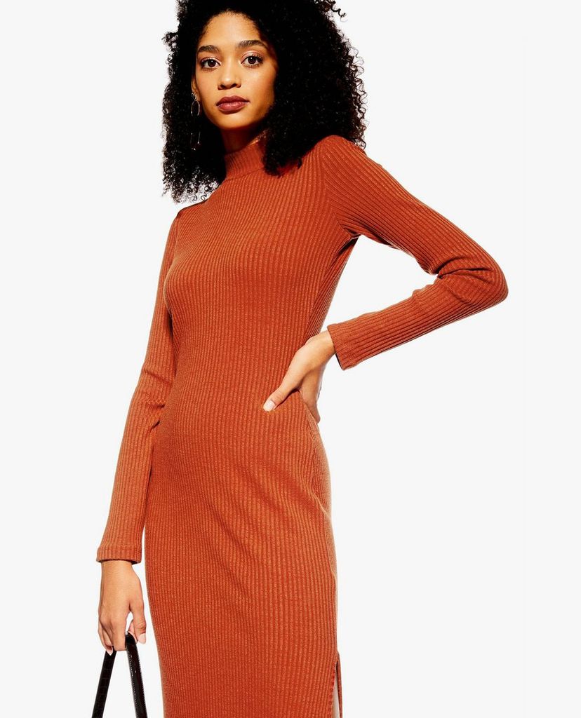 TOPSHOP - Đầm midi cổ tròn tay dài Ribbed Funnel