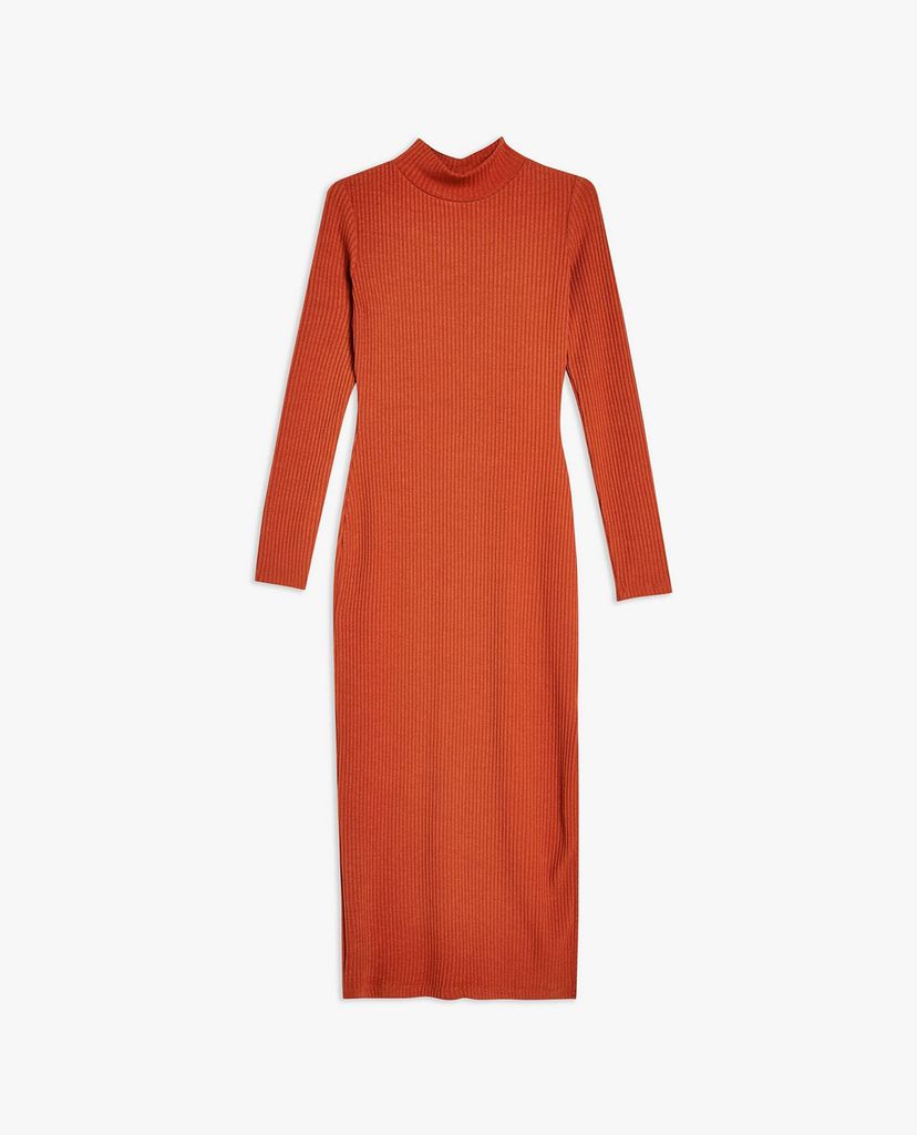 TOPSHOP - Đầm midi cổ tròn tay dài Ribbed Funnel