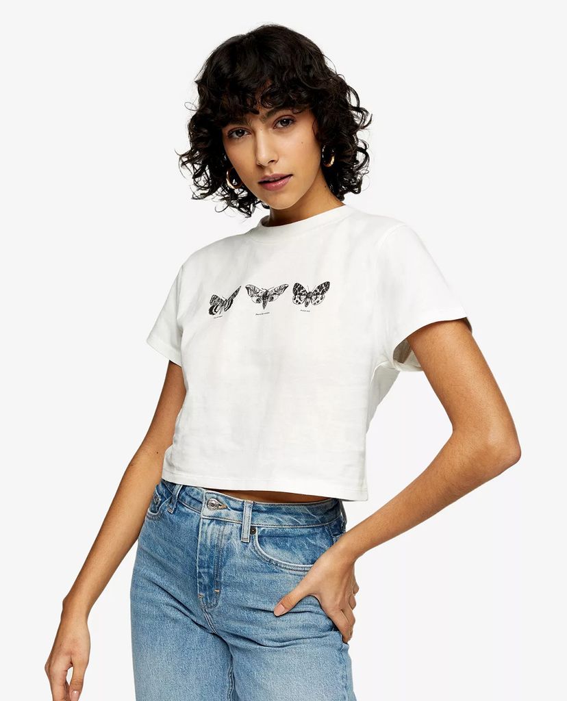 TOPSHOP - Áo thun nữ croptop cổ tròn tay ngắn White Butterfly