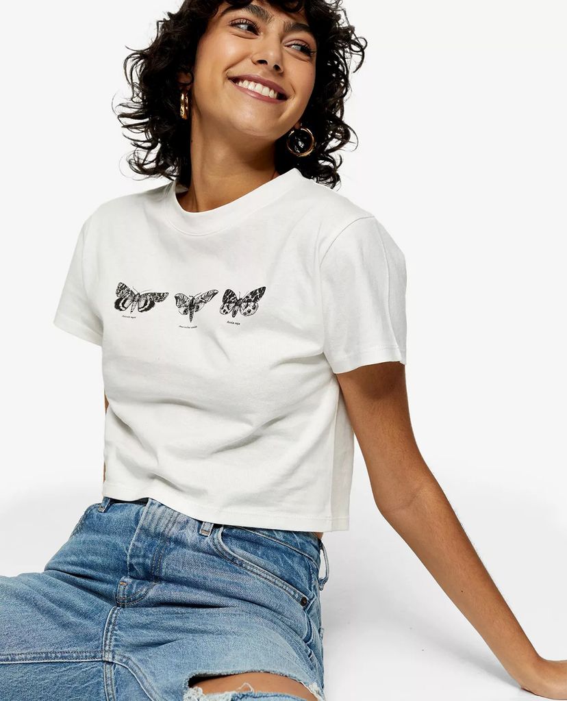 TOPSHOP - Áo thun nữ croptop cổ tròn tay ngắn White Butterfly