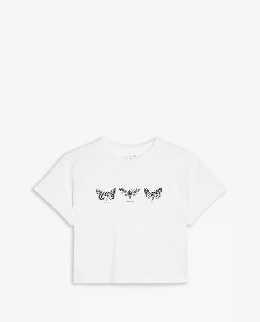 TOPSHOP - Áo thun nữ croptop cổ tròn tay ngắn White Butterfly