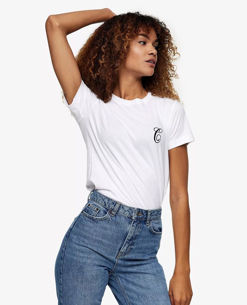TOPSHOP - Áo thun nữ ngắn tay White Embroidered Alphabet Letter C