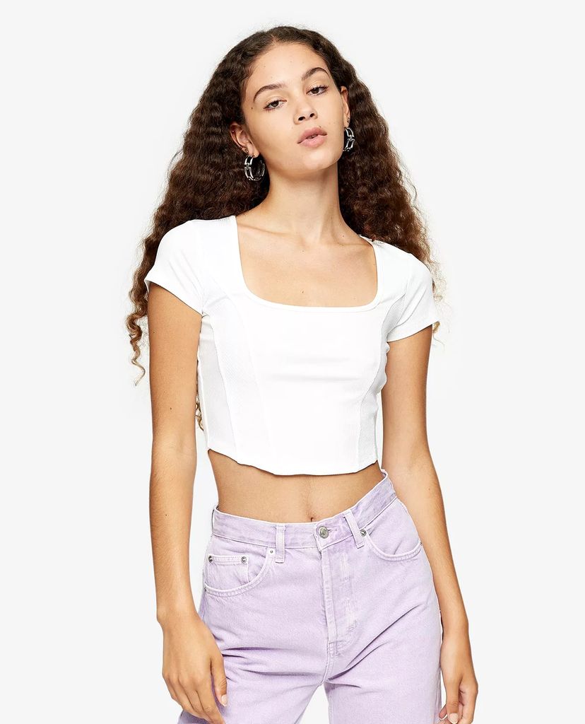 TOPSHOP - Áo croptop nữ cổ vuông tay ngắn Corset Ribbed Square