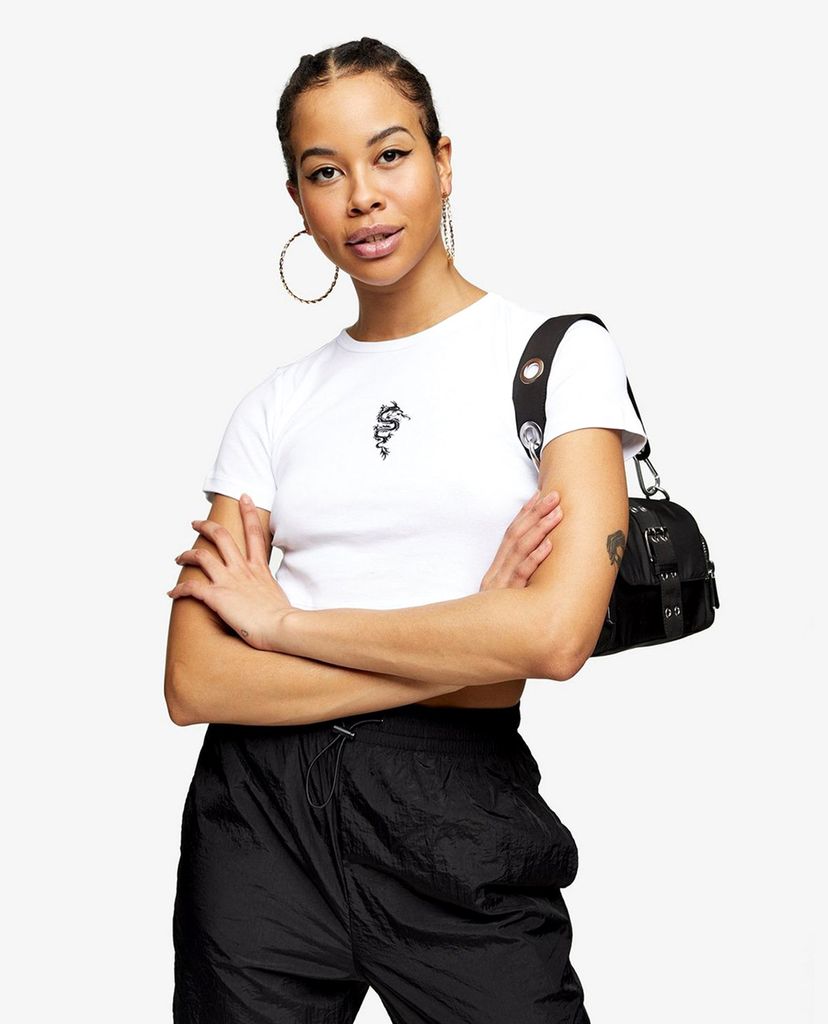 TOPSHOP - Áo thun nữ croptop cổ tròn tay ngắn White Dragon