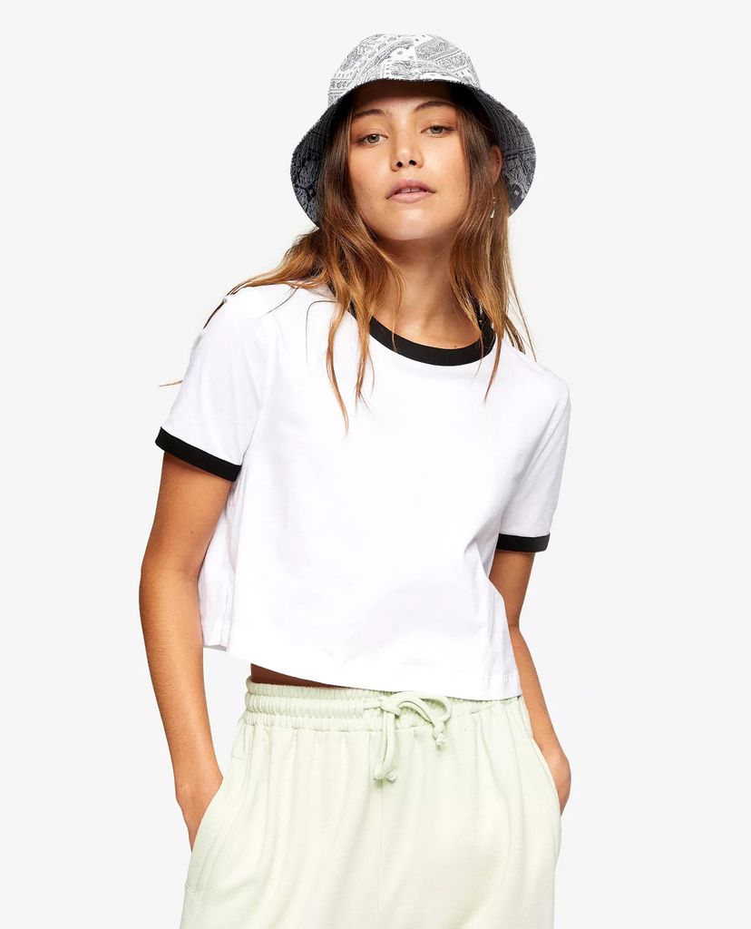 TOPSHOP - Áo thun nữ croptop cổ tròn ngắn tay White Ringer