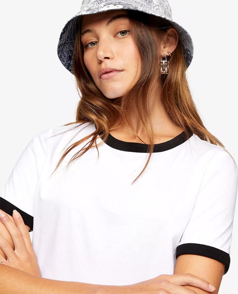 TOPSHOP - Áo thun nữ croptop cổ tròn ngắn tay White Ringer