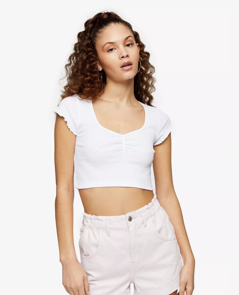 TOPSHOP - Áo thun nữ croptop White Ribbed Ruched