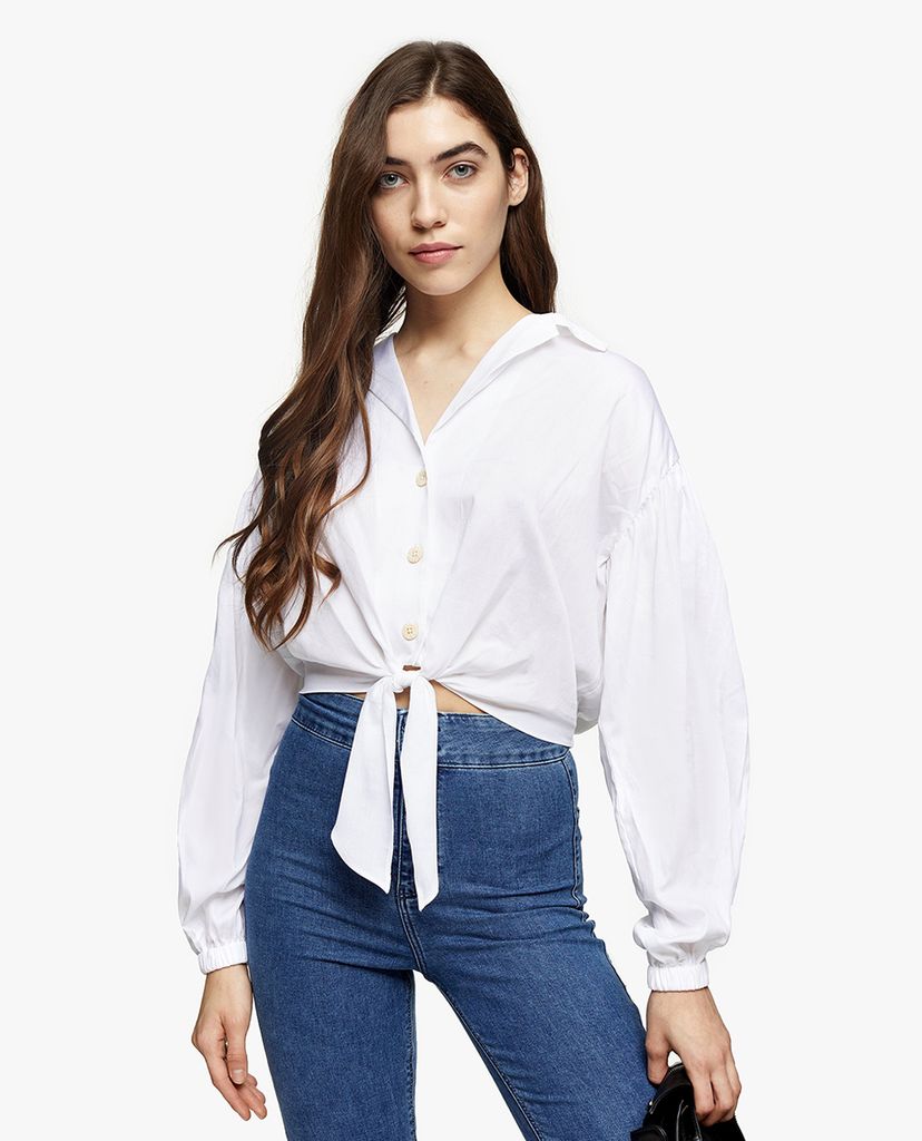 TOPSHOP - Áo kiểu nữ cổ V tay dài White Poplin Tie Front