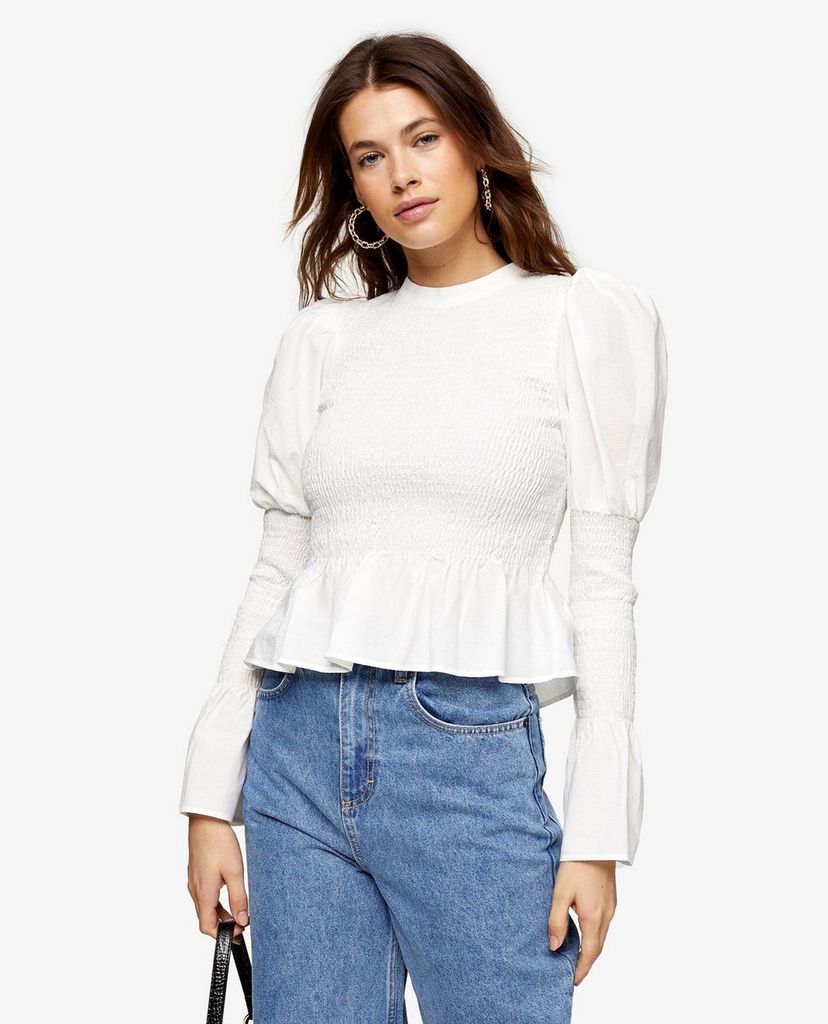 TOPSHOP - Áo kiểu nữ cổ tròn tay dài White Plain Shirred