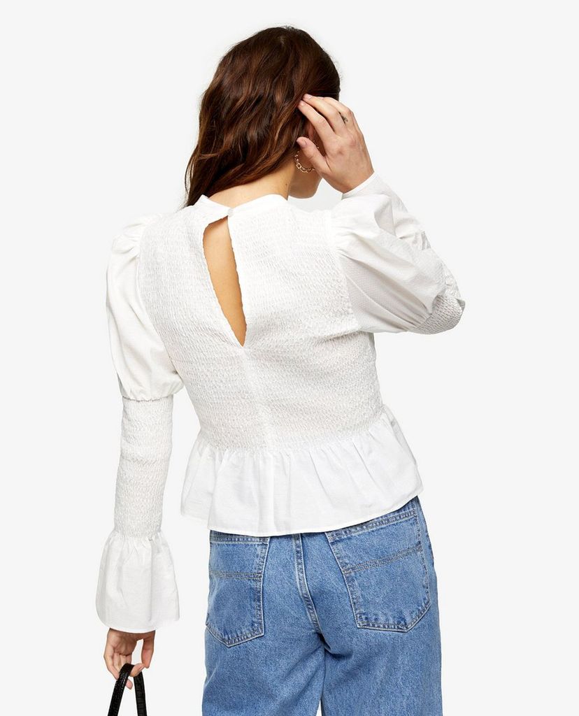 TOPSHOP - Áo kiểu nữ cổ tròn tay dài White Plain Shirred